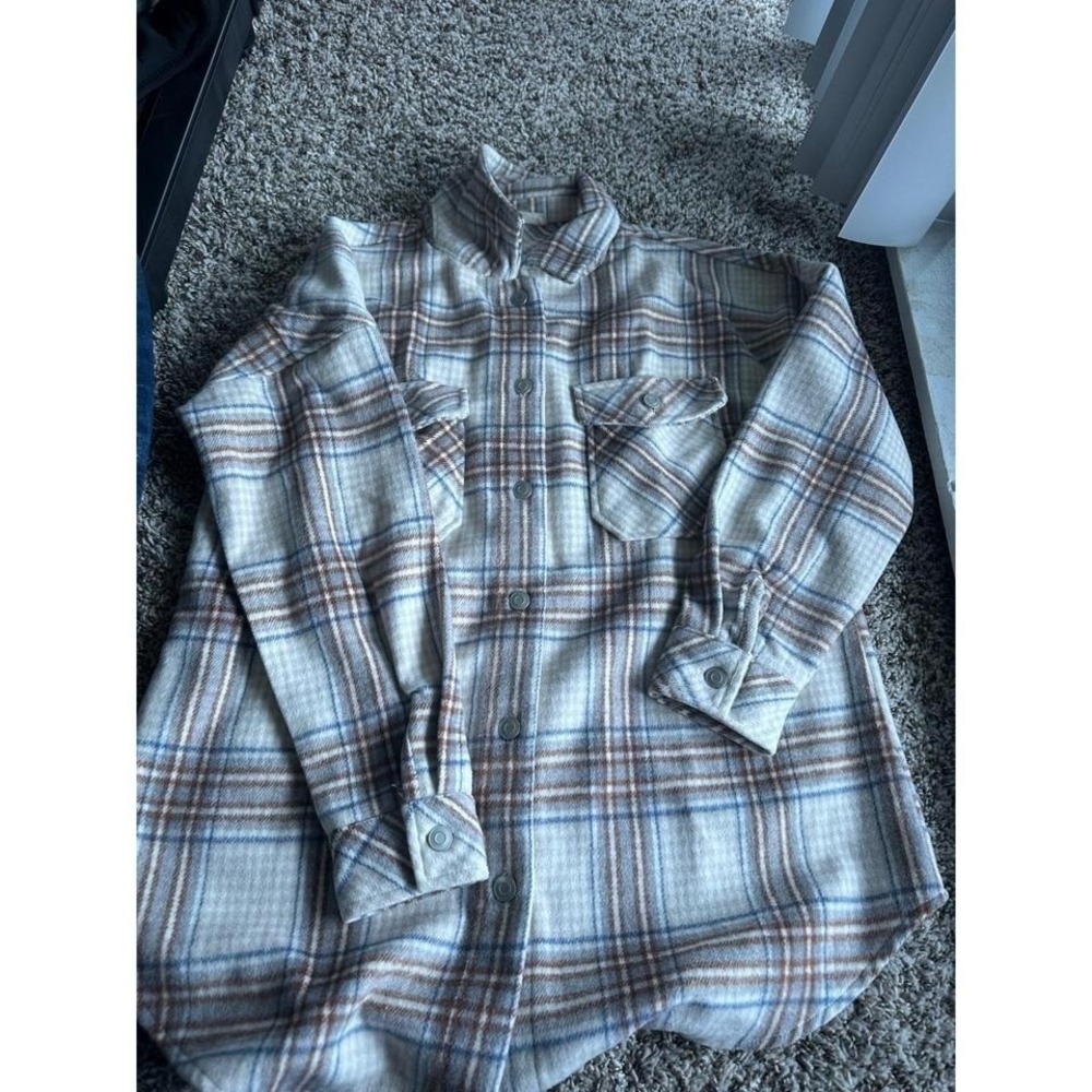 Altar'd State Plaid Shacket Womens Medium Cream Brown Blue Flannel Shirt Jacket
